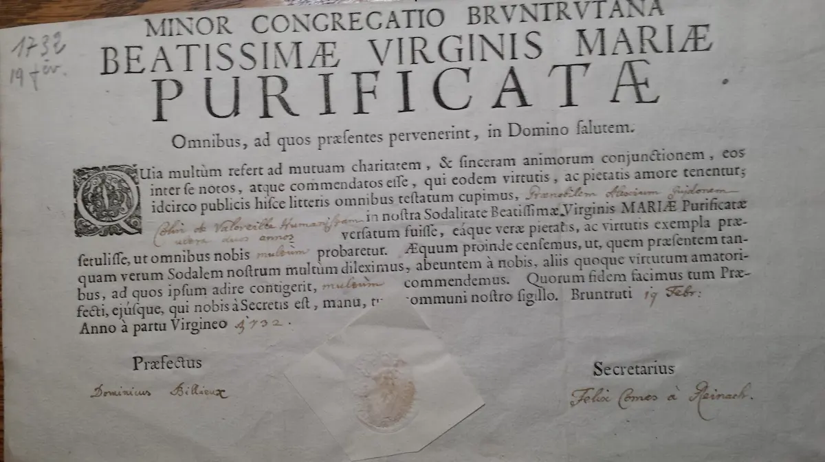 Lettre de Recommandation pour Colin de Valoreille qui a étudié les Humanités pendant 2 ans en 1732